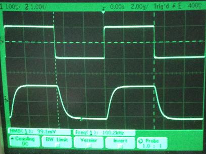 過渡応答(A=11 Vin=200mVp-p f=100kHz Rfb=10kΩ 位相補償なし 10:1プローブのみ接続 ガラエポユニバーサル基板)