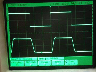 過渡応答(A=11 Vin=200mVp-p f=20kHz Rfb=10kΩ 位相補償なし 10:1プローブのみ接続 ガラエポユニバーサル基板)
