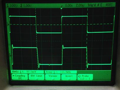 過渡応答(A=11 Vin=200mVp-p f=100kHz Rfb=10kΩ 位相補償なし 10:1プローブのみ接続 ガラエポユニバーサル基板)