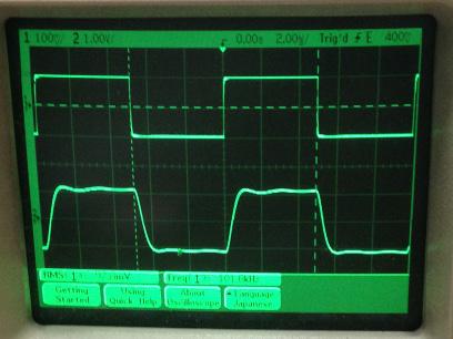 過渡応答(A=11 Vin=200mVp-p f=100kHz Rfb=10kΩ Cfb=33pF 10:1プローブのみ接続 ガラエポユニバーサル基板)