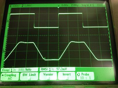 過渡応答(A=11 Vin=200mVp-p f=20kHz Rfb=10kΩ 位相補償なし 10:1プローブのみ接続 ガラエポユニバーサル基板)
