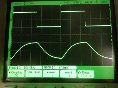 過渡応答(A=11 Vin=200mVp-p f=100kHz Rfb=10kΩ 位相補償なし 10:1プローブのみ接続 ガラエポユニバーサル基板)