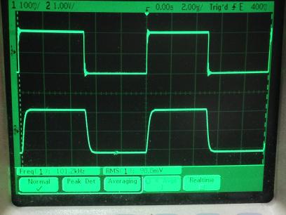 過渡応答(A=11 Vin=200mVp-p f=100kHz Rfb=10kΩ 位相補償なし 10:1プローブのみ接続 ガラエポユニバーサル基板)