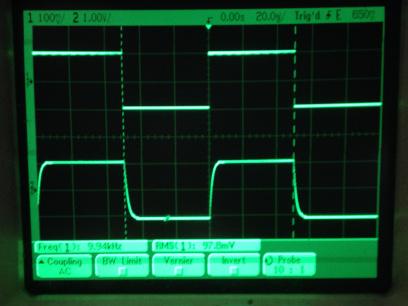 過渡応答(A=11 Vin=200mVp-p f=100kHz Rfb=10kΩ 位相補償なし 10:1プローブのみ接続 ガラエポユニバーサル基板)