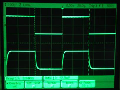 過渡応答(A=11 Vin=200mVp-p f=10kHz Rfb=10kΩ 位相補償なし 10:1プローブのみ接続 ガラエポユニバーサル基板)