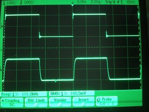 過渡応答(A=1 Vin=200mVp-p f=100kHz Rfb=0 位相補償なし Rl=15Ω ガラエポユニバーサル基板)