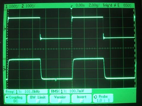 過渡応答(A=1 Vin=200mVp-p f=100kHz Rfb=0 位相補償なし Rl=15Ω ガラエポユニバーサル基板)