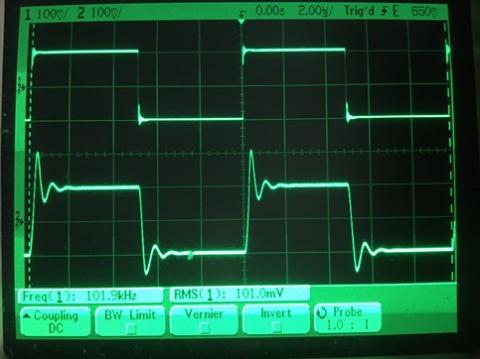過渡応答(A=1 Vin=200mVp-p f=100kHz Rfb=0 位相補償なし Rl=15Ω ガラエポユニバーサル基板)