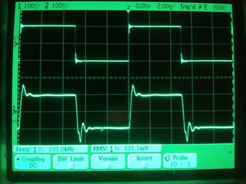 過渡応答(A=1 Vin=200mVp-p f=100kHz Rfb=0 位相補償なし Rl=15Ω ガラエポユニバーサル基板)