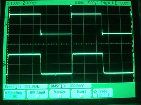 過渡応答(A=1 Vin=200mVp-p f=100kHz Rfb=0 位相補償なし Rl=15Ω ガラエポユニバーサル基板)
