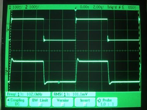 過渡応答(A=1 Vin=200mVp-p f=100kHz Rfb=0 位相補償なし Rl=15Ω ガラエポユニバーサル基板)