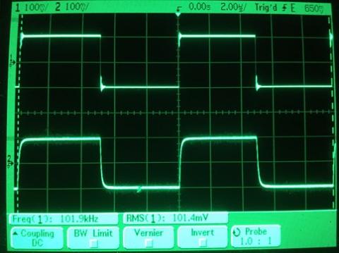 過渡応答(A=1 Vin=200mVp-p f=100kHz Rfb=0 位相補償なし Rl=15Ω ガラエポユニバーサル基板)