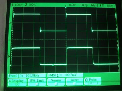 過渡応答(A=1 Vin=200mVp-p f=100kHz Rfb=0 位相補償なし Rl=15Ω ガラエポユニバーサル基板)