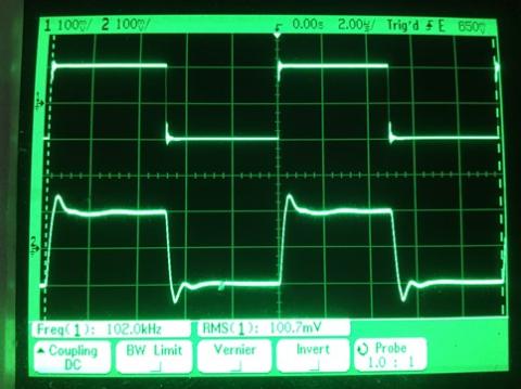 過渡応答(A=1 Vin=200mVp-p f=100kHz Rfb=0 位相補償なし Rl=15Ω ガラエポユニバーサル基板)