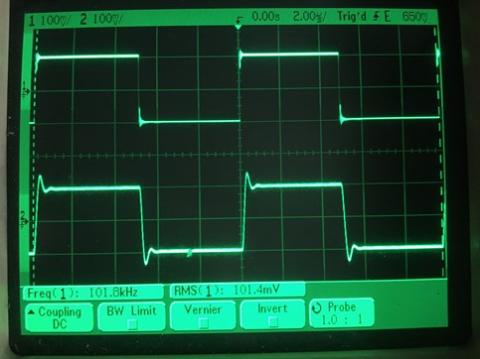過渡応答(A=1 Vin=200mVp-p f=100kHz Rfb=0 位相補償なし Rl=15Ω ガラエポユニバーサル基板)