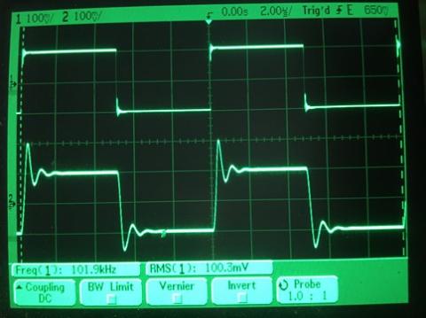 過渡応答(A=1 Vin=200mVp-p f=100kHz Rfb=0 位相補償なし Rl=15Ω ガラエポユニバーサル基板)