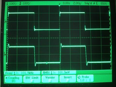 過渡応答(A=1 Vin=200mVp-p f=100kHz Rfb=0 位相補償なし Rl=15Ω ガラエポユニバーサル基板)