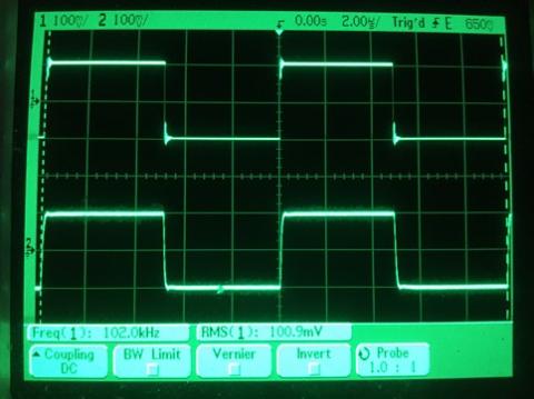 過渡応答(A=1 Vin=200mVp-p f=100kHz Rfb=0 位相補償なし Rl=15Ω ガラエポユニバーサル基板)