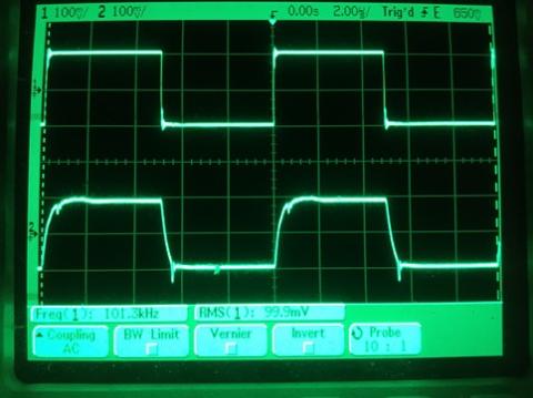 過渡応答(A=1 Vin=200mVp-p f=100kHz Rfb=0 位相補償なし Rl=15Ω ガラエポユニバーサル基板)