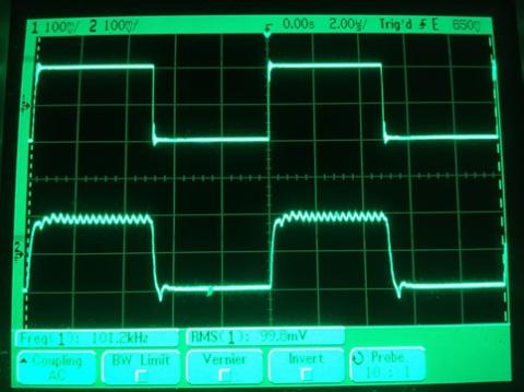 過渡応答(A=1 Vin=200mVp-p f=100kHz Rfb=0 位相補償なし Rl=15Ω ガラエポユニバーサル基板)