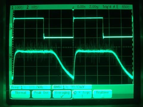 過渡応答(A=1 Vin=200mVp-p f=100kHz Rfb=0 位相補償なし Rl=15Ω ガラエポユニバーサル基板)