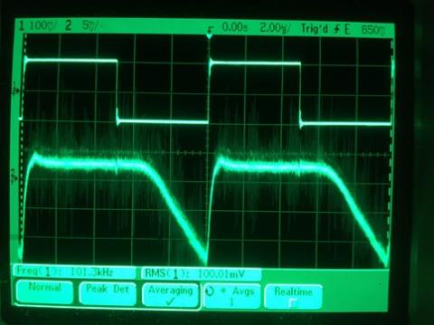 過渡応答(A=1 Vin=200mVp-p f=100kHz Rfb=0 位相補償なし Rl=15Ω ガラエポユニバーサル基板)