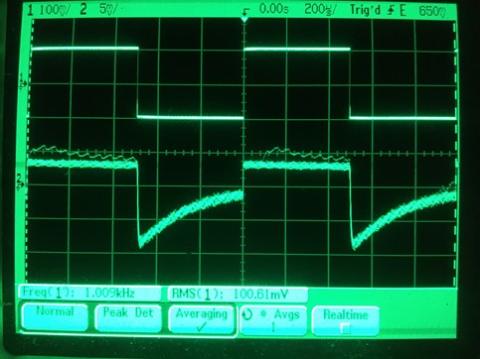 過渡応答(A=1 Vin=200mVp-p f=100kHz Rfb=0 位相補償なし Rl=15Ω ガラエポユニバーサル基板)
