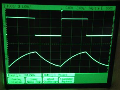 過渡応答(A=11 Vin=200mVp-p f=100kHz Rfb=10kΩ 位相補償なし 10:1プローブのみ接続 ガラエポユニバーサル基板)