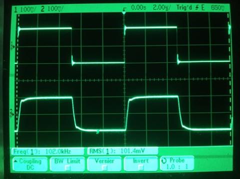 過渡応答(A=1 Vin=200mVp-p f=100kHz Rfb=0 位相補償なし Rl=15Ω ガラエポユニバーサル基板)