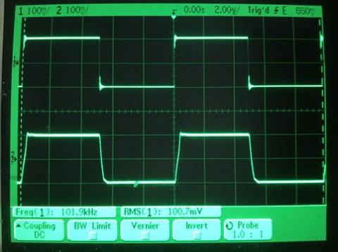 過渡応答(A=1 Vin=200mVp-p f=100kHz Rfb=0 位相補償なし Rl=15Ω ガラエポユニバーサル基板)