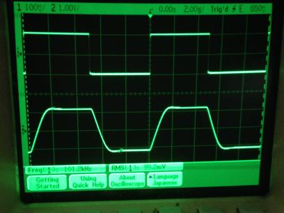過渡応答(A=11 Vin=200mVp-p f=100kHz Rfb=10kΩ 位相補償なし 10:1プローブのみ接続 ガラエポユニバーサル基板)