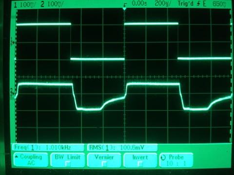 過渡応答(A=1 Vin=200mVp-p f=1kHz Rfb=0 位相補償なし Rl=15Ω ガラエポユニバーサル基板)
