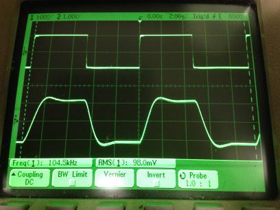 過渡応答(A=11 Vin=200mVp-p f=100kHz Rfb=10kΩ Cfb=33pF 10:1プローブのみ接続 ガラエポユニバーサル基板)