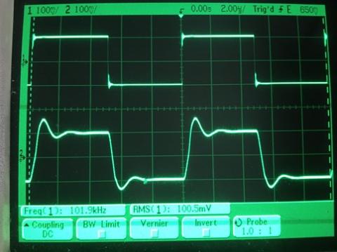 過渡応答(A=1 Vin=200mVp-p f=100kHz Rfb=0 位相補償なし Rl=15Ω ガラエポユニバーサル基板)
