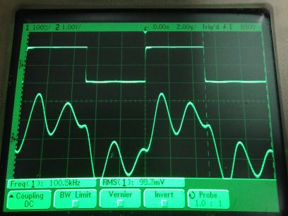 過渡応答(A=11 Vin=200mVp-p f=100kHz Rfb=10kΩ 位相補償なし 10:1プローブのみ接続 ガラエポユニバーサル基板)