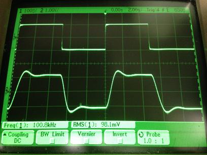 過渡応答(A=11 Vin=200mVp-p f=100kHz Rfb=10kΩ Cfb=33pF 10:1プローブのみ接続 ガラエポユニバーサル基板)