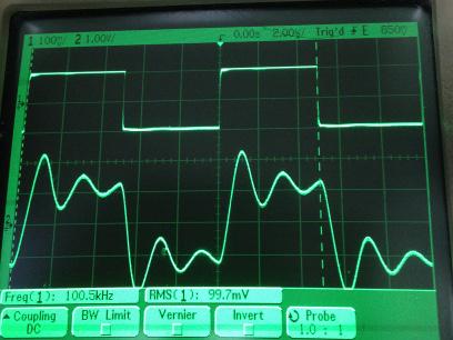 過渡応答(A=11 Vin=200mVp-p f=100kHz Rfb=10kΩ 位相補償なし 10:1プローブのみ接続 ガラエポユニバーサル基板)