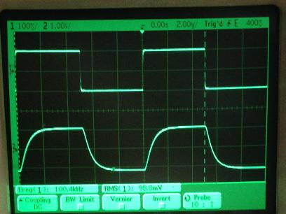 過渡応答(A=1 Vin=200mVp-p f=100kHz Rfb=0 位相補償なし Rl=15Ω ガラエポユニバーサル基板)