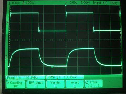 過渡応答(A=1 Vin=200mVp-p f=100kHz Rfb=0 位相補償なし Rl=15Ω ガラエポユニバーサル基板)