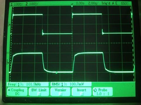 過渡応答(A=1 Vin=200mVp-p f=100kHz Rfb=0 位相補償なし Rl=15Ω ガラエポユニバーサル基板)