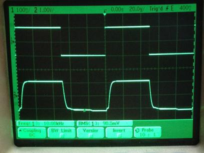 過渡応答(A=11 Vin=200mVp-p f=10kHz Rfb=10kΩ 位相補償なし 10:1プローブのみ接続 ガラエポユニバーサル基板)