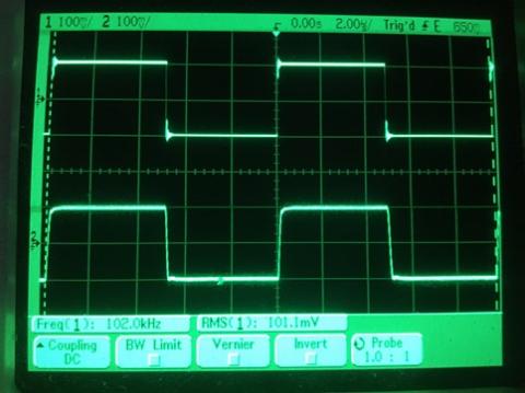過渡応答(A=1 Vin=200mVp-p f=100kHz Rfb=0 位相補償なし Rl=15Ω ガラエポユニバーサル基板)