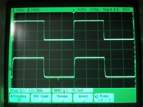 過渡応答(A=1 Vin=200mVp-p f=100kHz Rfb=0 位相補償なし Rl=15Ω ガラエポユニバーサル基板)