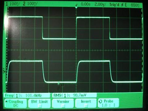 過渡応答(A=1 Vin=200mVp-p f=100kHz Rfb=0 位相補償なし Rl=15Ω ガラエポユニバーサル基板)