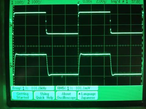 過渡応答(A=1 Vin=200mVp-p f=100kHz Rfb=0 位相補償なし Rl=15Ω ガラエポユニバーサル基板)