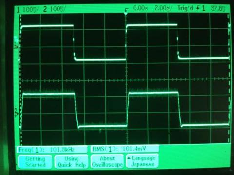 過渡応答(A=1 Vin=200mVp-p f=100kHz Rfb=0 位相補償なし Rl=15Ω ガラエポユニバーサル基板)