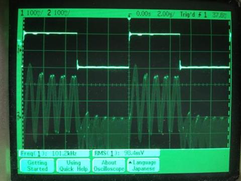 過渡応答(A=1 Vin=200mVp-p f=100kHz Rfb=0 位相補償なし Rl=15Ω ガラエポユニバーサル基板)