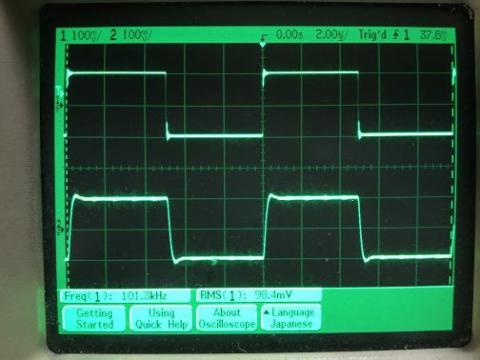 過渡応答(A=1 Vin=200mVp-p f=100kHz Rfb=0 位相補償なし Rl=15Ω ガラエポユニバーサル基板)