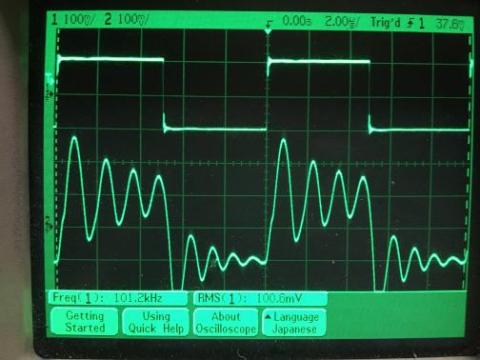 過渡応答(A=1 Vin=200mVp-p f=100kHz Rfb=0 位相補償なし Rl=15Ω ガラエポユニバーサル基板)