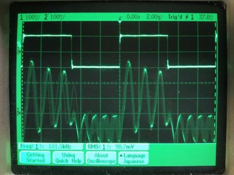 過渡応答(A=1 Vin=200mVp-p f=100kHz Rfb=0 位相補償なし Rl=15Ω ガラエポユニバーサル基板)